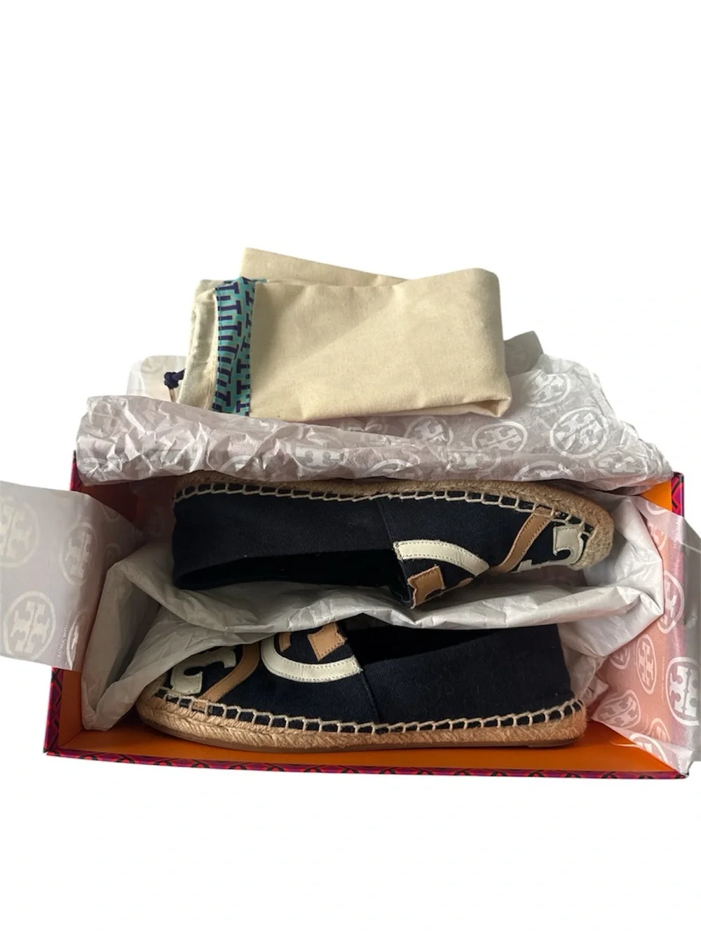 Tory Burch Navy & Beige Logo Espadrille Flats with Jute Toe